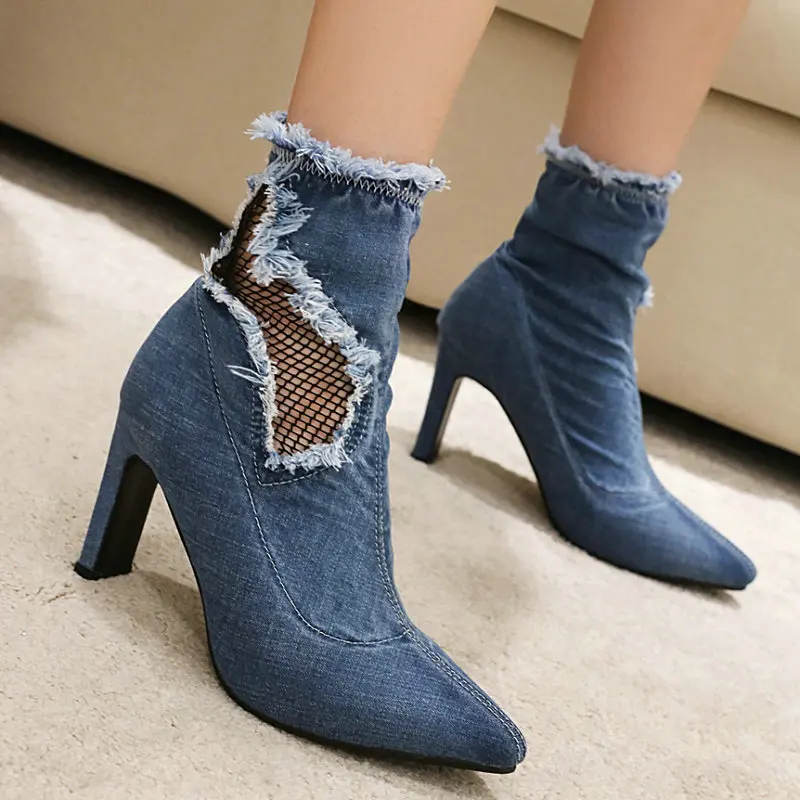 

Sexy Lace Mesh Net Denim Jeans Blue Patchwork Pointed Toe Stilettoes Boots Ankle Stretch Brushed Fringes High Heels Boots Shoes