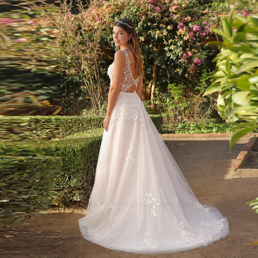ANGEL A-Line V-Neck Wedding Dresses 2024 New Sleeveless Tulle Bridal Gown Leaves Applique Zipper Sexy Illusion Vestidos de Novia 2