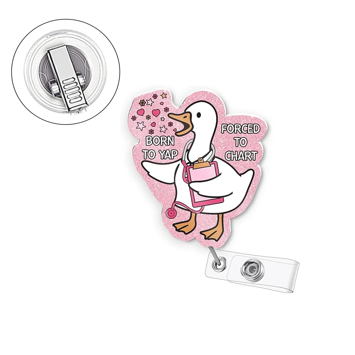 New Badge Clip Easy-pull Buckle Wire Device Acrylic Pink Goose Nurse Badge Clip Flash Powder Rotating Telescopic Buckle
