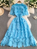Ele Summer Lace round Ne Dr Women's High Waist Slimming Long Skirt Korean Sle Commute High Softn Regular Sve - Image 4