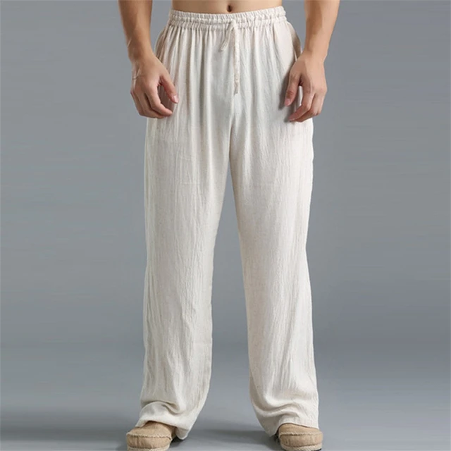 Men Soild Cotton Linen Pants Breathable Linen Trousers Man Elastic