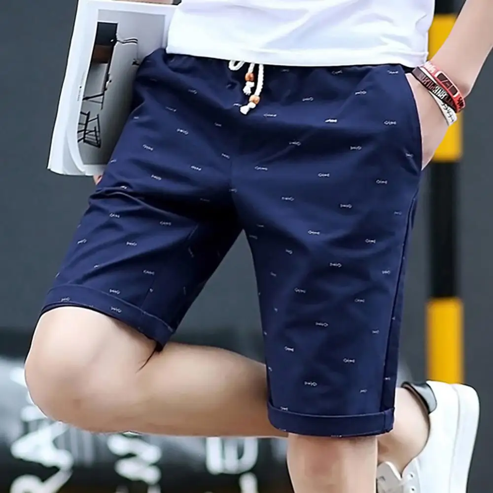 

Men Casual Pants Cotton Fifth Drawstring Pockets Shorts Fishbone Print Beach