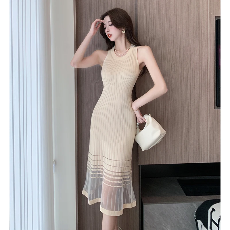

Summer New Women Fashion Hem Spliced Mesh Yarn Long Sleeveless Tank Dresses Korean Slim Knitted Dresses