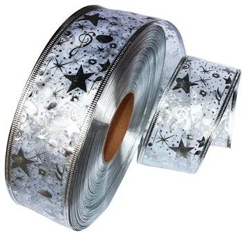 2 Meters Silver Bronzing Ribbon Gardening Ribbon Printing Five-pointed Star Christmas Tree Decoration Christmas Wrapping Ribbon 2