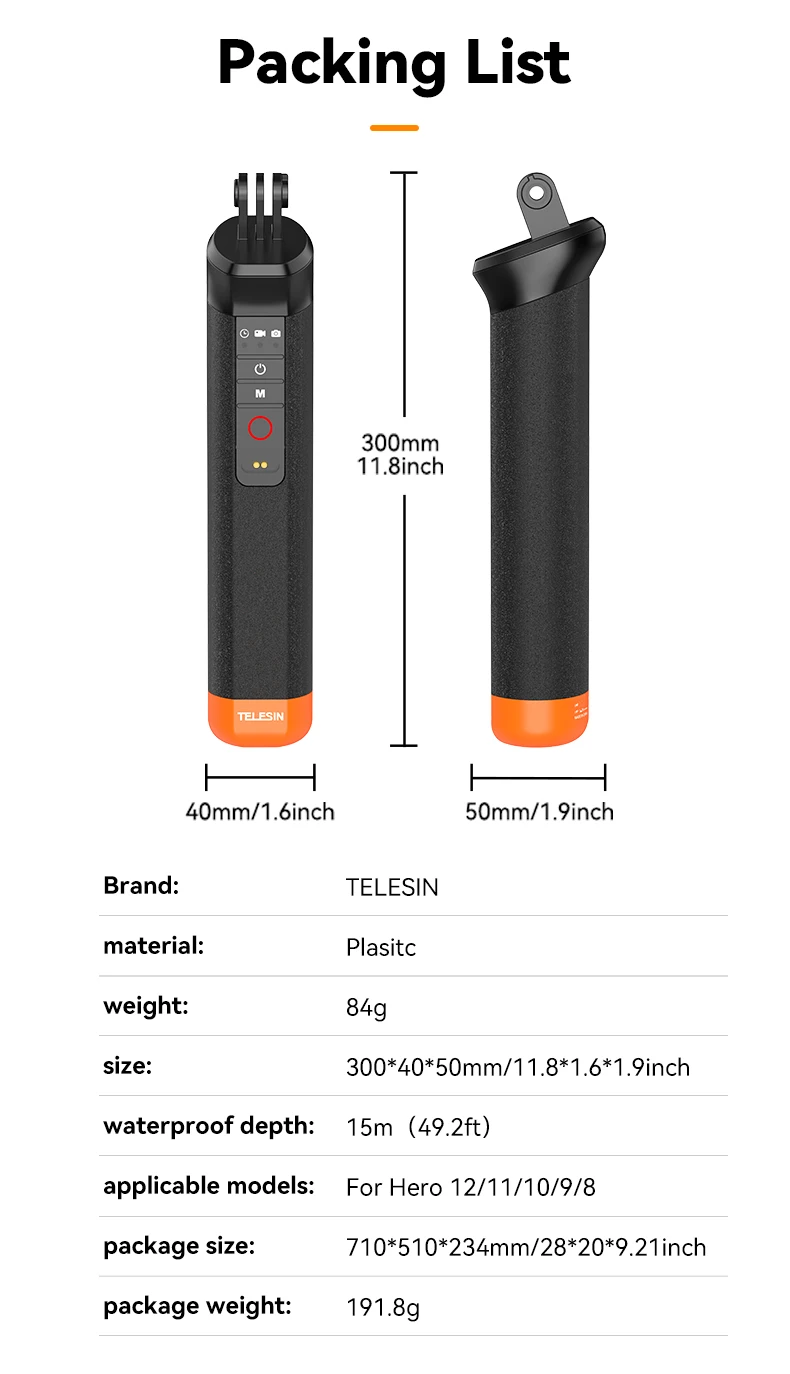 TELESIN Buoyancy Bar Selfie Stick Waterproof Selfie Stick With Hand Strap Wirele