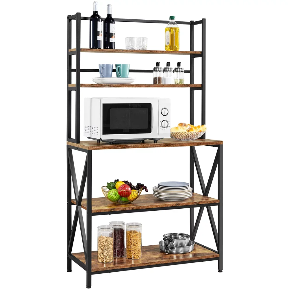 

Kitchen Organizer 5-Tier Baker’s Rack With Storage Shelf And Adjustable Feet, Rustic Brown :