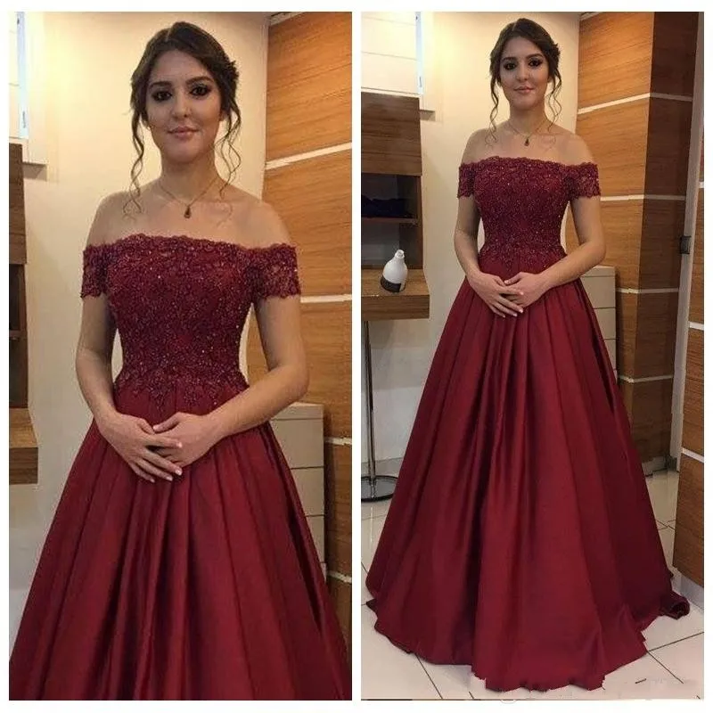 

Burgundy Formal Evening Dresses Off The Shoulder Lace Applique A Line Satin Women Long Prom Party Gown Bridesmaid Wear Custom