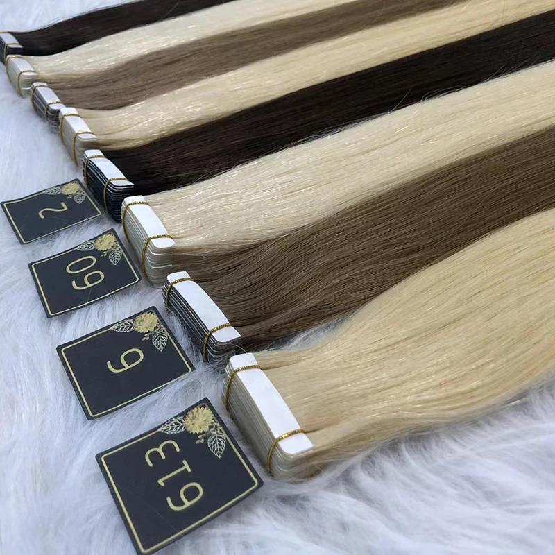 PU Hair Double Drawn Remy Tape In Human Hair Extensions 100% Real Skin Weft Adhesive Glue On Seamless Natural 14-28 Inches