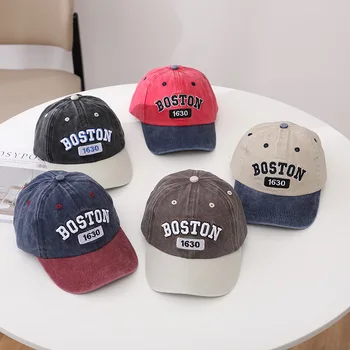 BOSTON Vintage Patchwork Kids Baseball Caps Spring Autumn Boy Girl Outdoor Travel Sunscreen Peaked Hats Adjustable Children Hats 1
