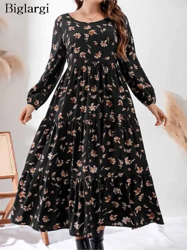 

Plus Size Autumn Floral Flower Print Long Dress Women Ruffle Pleated Fashion Ladies Dresses Long Sleeve Loose Woman Dress 2023