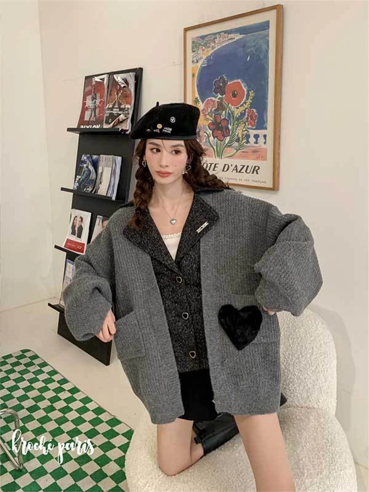 

Women's Long Sleeve Turn-down Cardigan Gray Sweater Coats 2023 Spring Color Contrast Splicing Knited Big Pocket Heart Tops