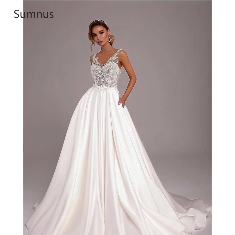 

Sumnus Elegant Ball Grown Wedding Dress Lace Appliques Long Stain 2022 Sleeveless Backless Vestido De Noiva Party Dresses