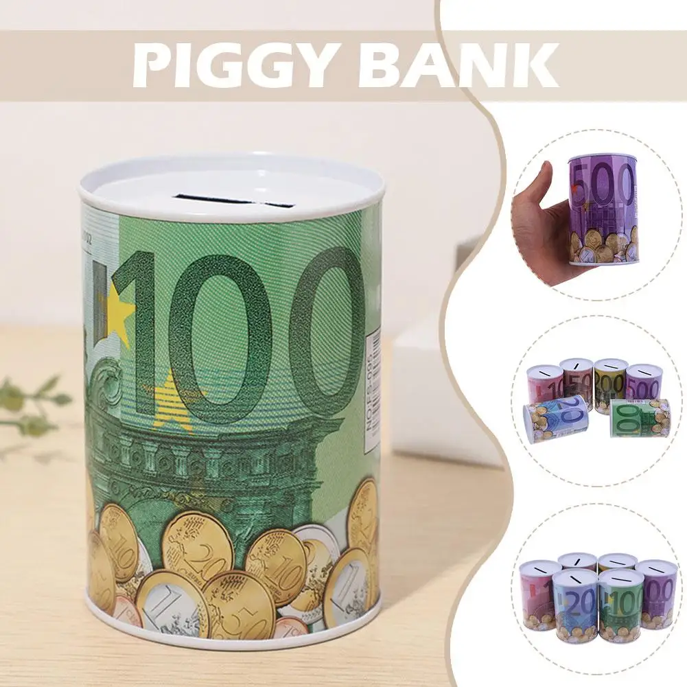 Metal Piggy Bank Tinplate Euro Dollar Pattern Design Money Box Safe Cylinder For Deposit Boxes 6 Color M2M7 3