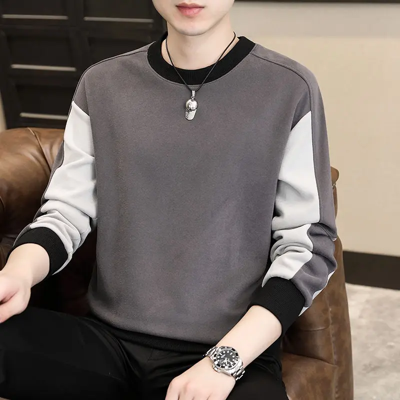 Fashion O-Neck Spliced All-match Color Sweatshirts Men's Clothing 2023 Winter New Oversized Casual Tops Korean Sweatshirts