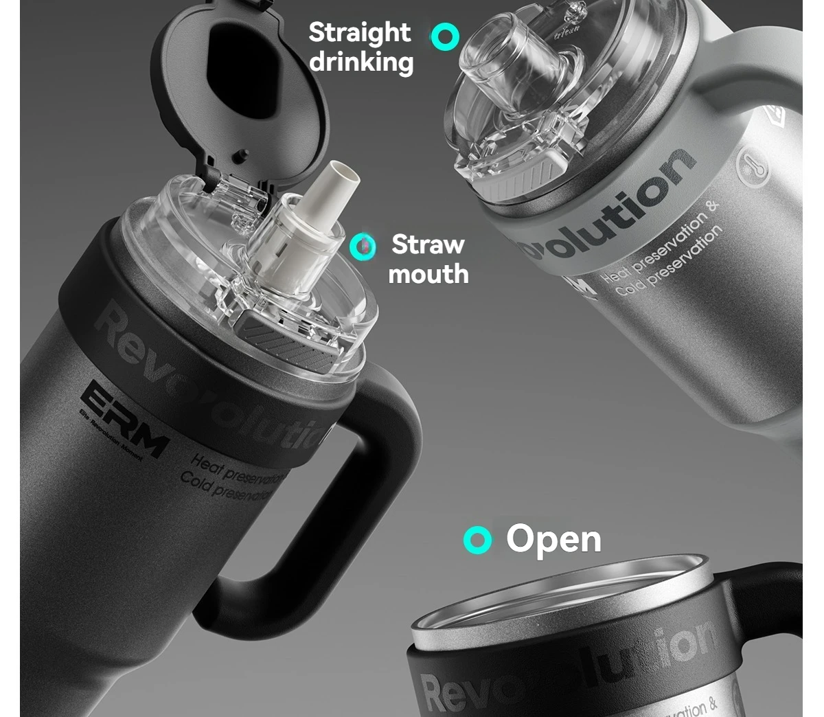 1200ML Extra Large Tumbler Ceramic Drinkware Stainless Steel Water Bottle Insulated Vacuum Flask Straw & Handle Leakproof Mug