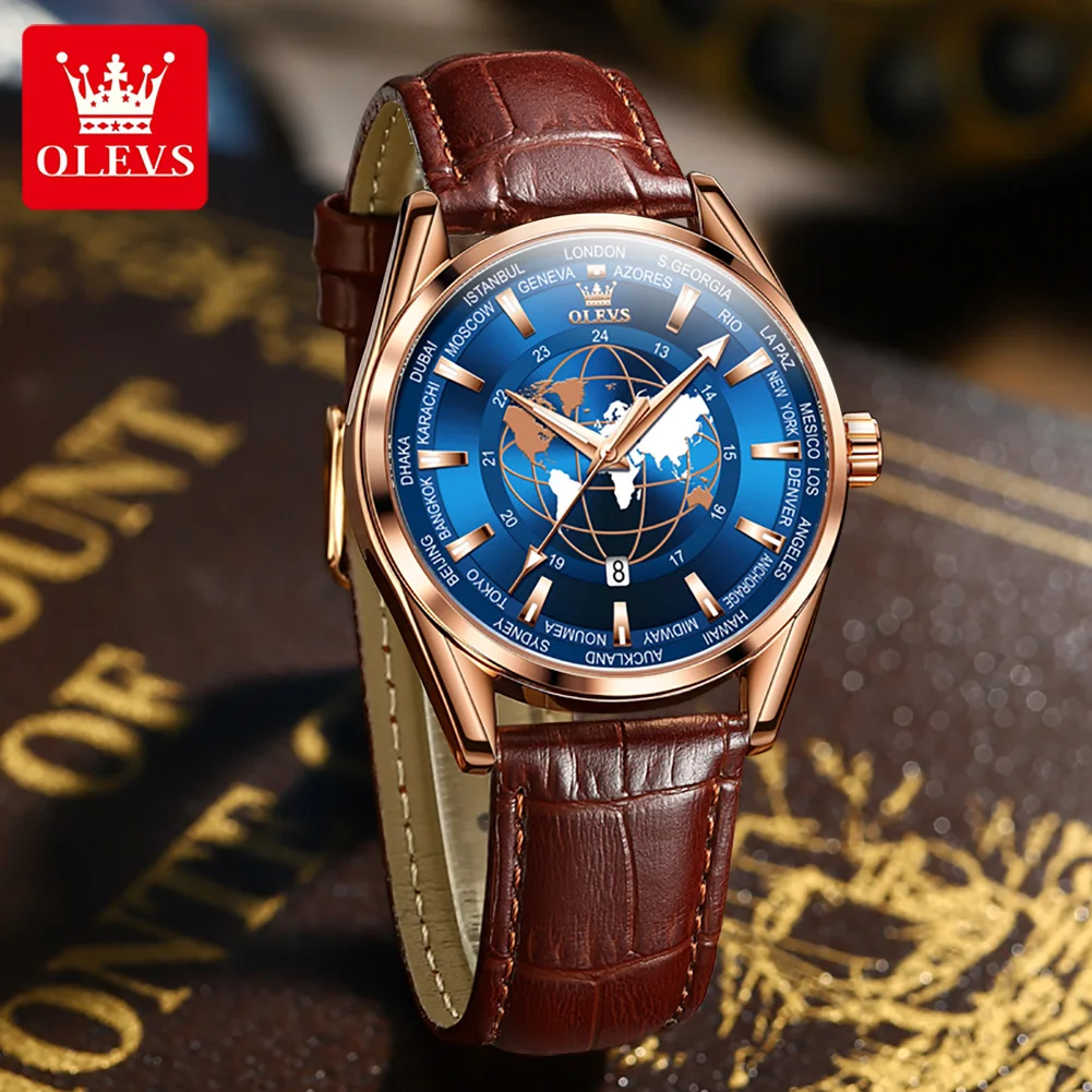 OLEVS Fashion Dial Design Blue Quartz Watch for Men Luxury Leather Waterproof Calendar Sport Mens Wristwatches Relogio Masculino