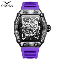 ONOLA Fashion Watch For Men Automatic Date Sports Silicone Strap Tonneau Clock Iced Diamond Quartz WristWatch Reloj Dropshipping