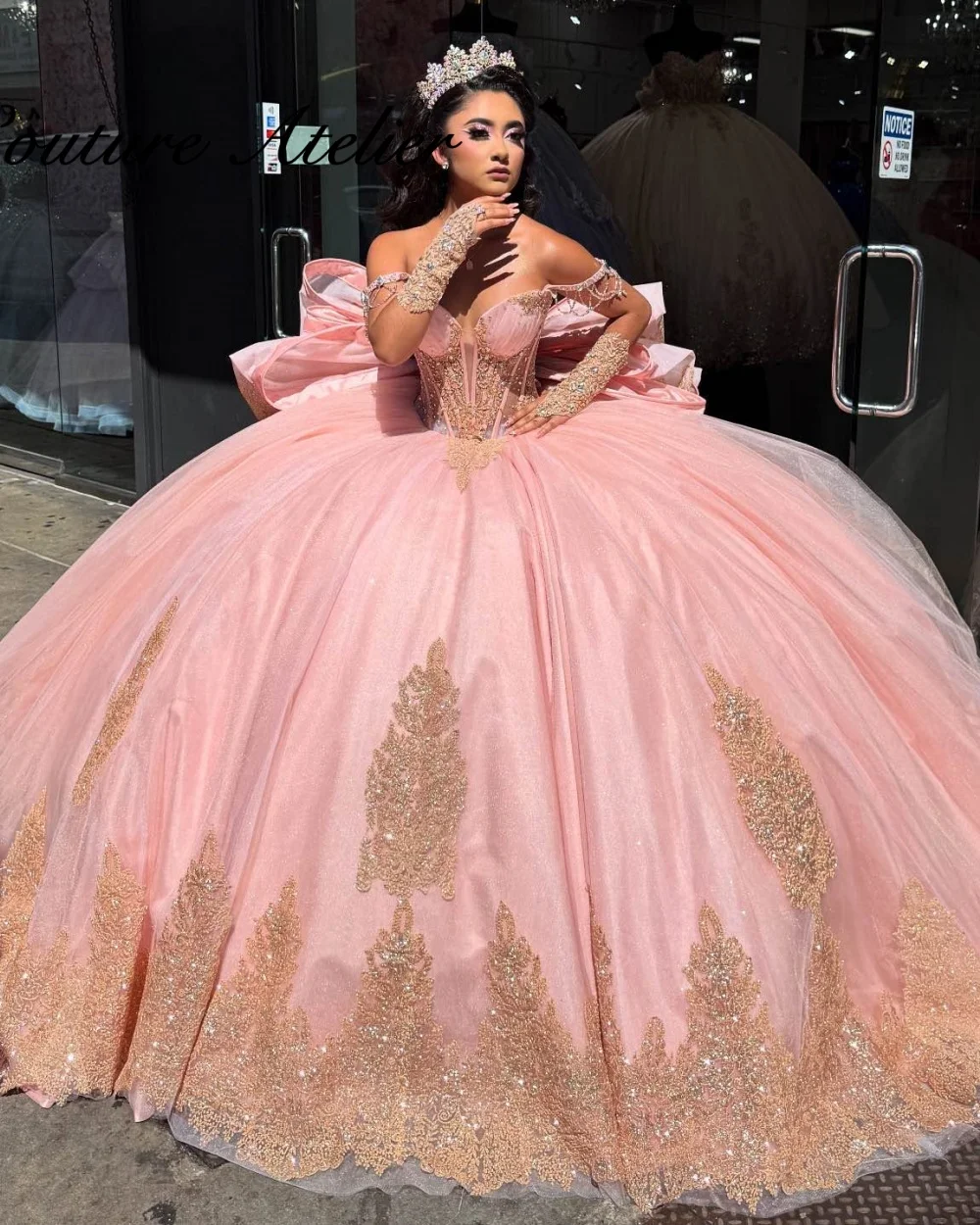 Dream Pink Princess Quinceanera Dress With Gloves Lace Applique