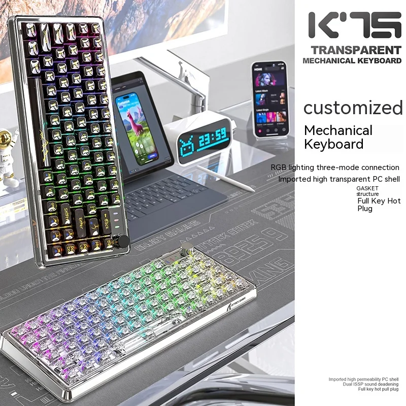 

2024 New Attack Shark K75 Wireless Bluetooth Mechanical Keyboard Three-mode Transparent Rgb Illuminated Hot-swappable E-sports
