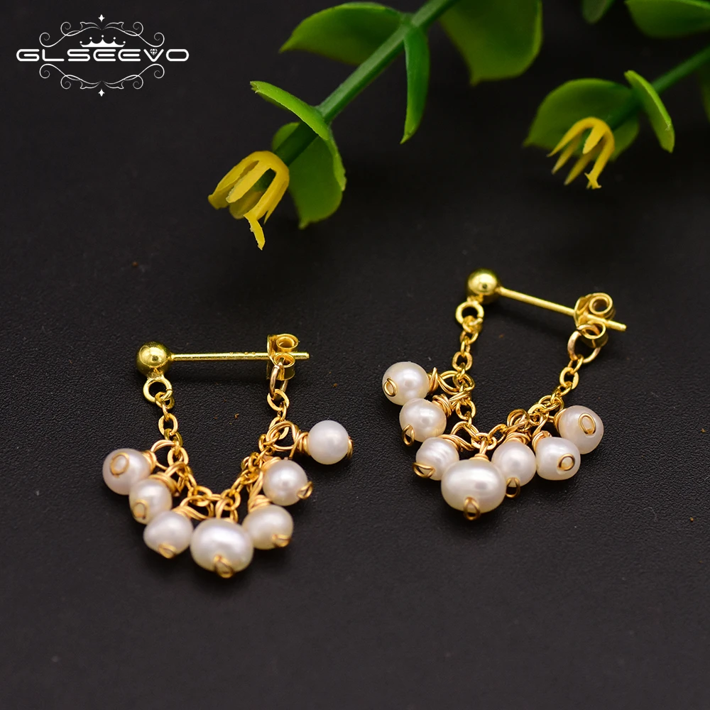 GLSEEVO Natural Freshwater Pearl Drop Earrings For Women Party Wedding Dangle Earrings 925 Sterling Silver Fine Jewelry GE0674