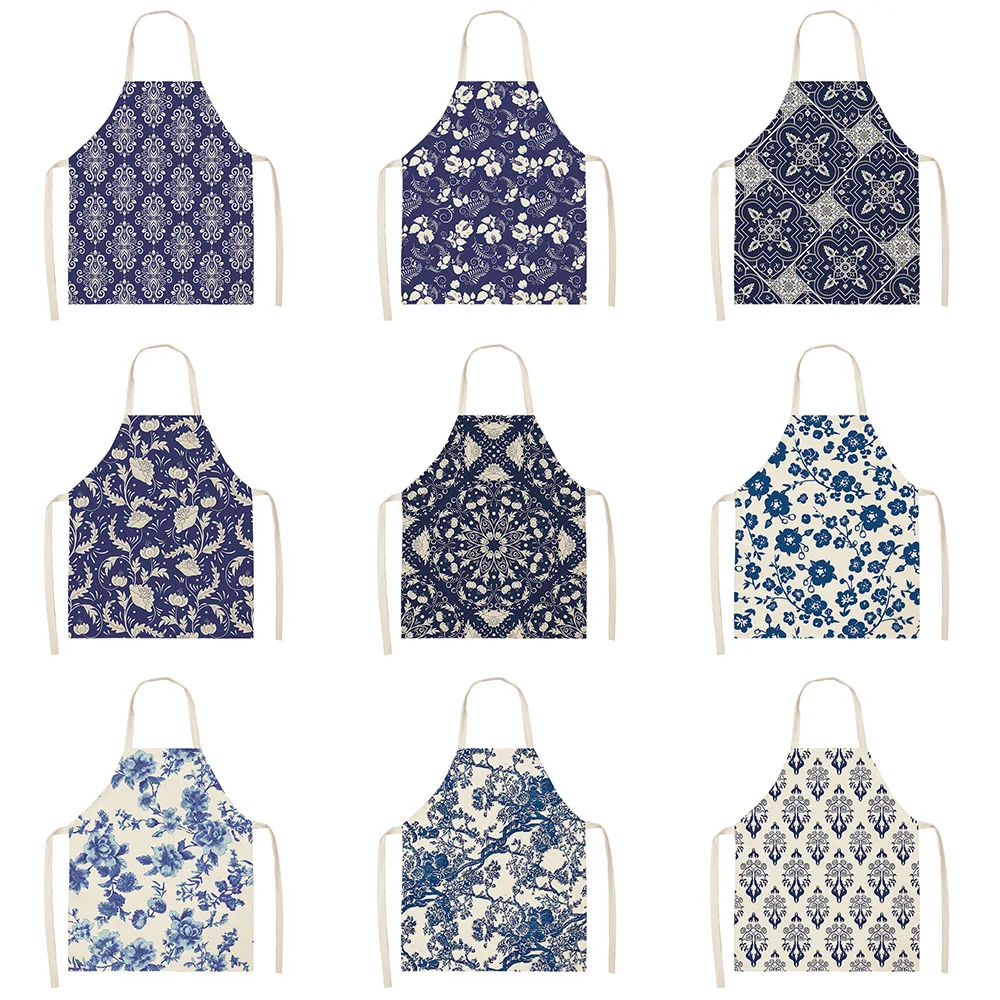 

1 Pcs 55x68cm Cotton and Linen Apron Blue Porcelain Cooking Sleeveless Bib Anti-greasy Kitchen Mandala Supplies Chef Aprons