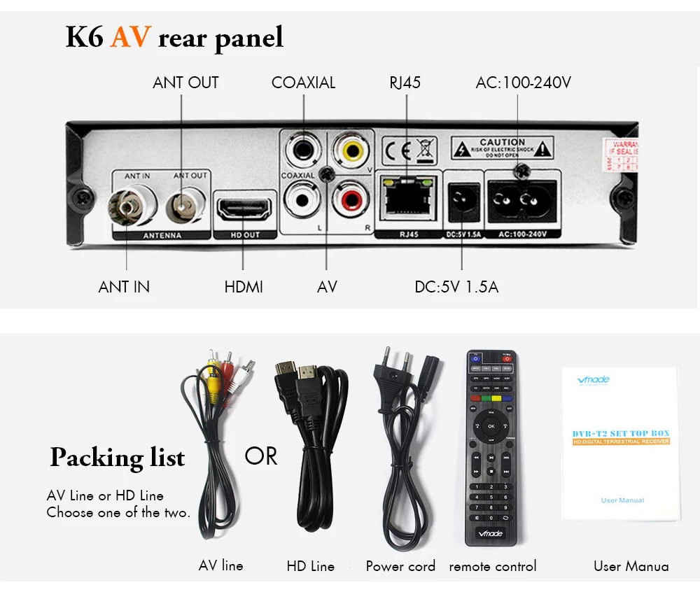VMADE DVB-T2 TV ڽ + WIFI DVB T2,  TV ű ڽ,   Ʃ  ڽ , H.265 RJ45 Ʈ, K6