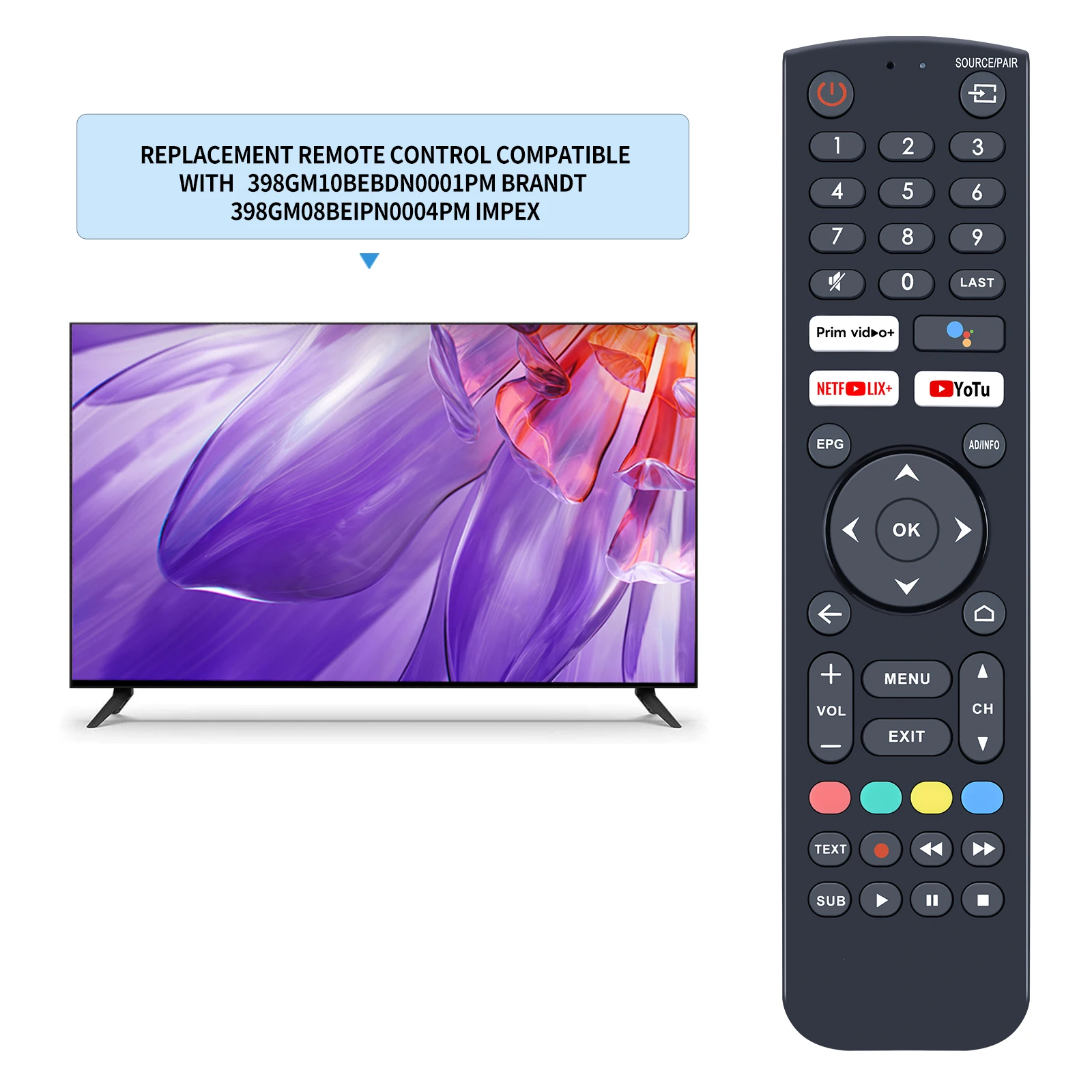 Brandt 398gm08beipn0004pm Impex 스마트 tv 용 음성 리모컨 398gm10bebdn0001pm