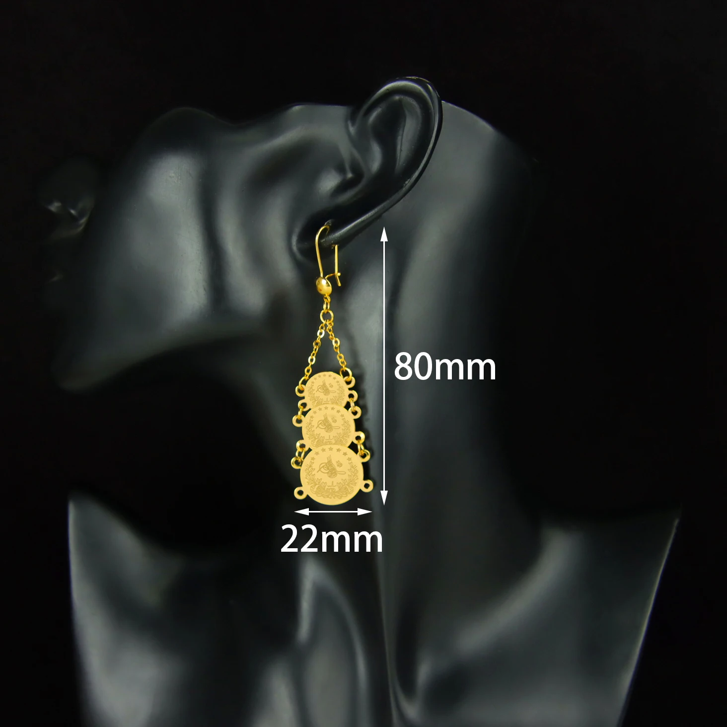 Türkische Münzen, lange Ohrringe, 21 Karat vergoldet, arabische islamische Mode, Tropfenohrring, Naher Osten, Frauen, Brautparty, Schmuck, Geschenke – Detail 9