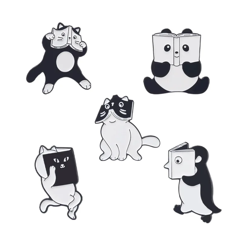 

Cat Penguin Panda Read A Book Enemal Brooch Bag Lapel Pin Cartoon Funny Badge Jewelry Gift for Kid