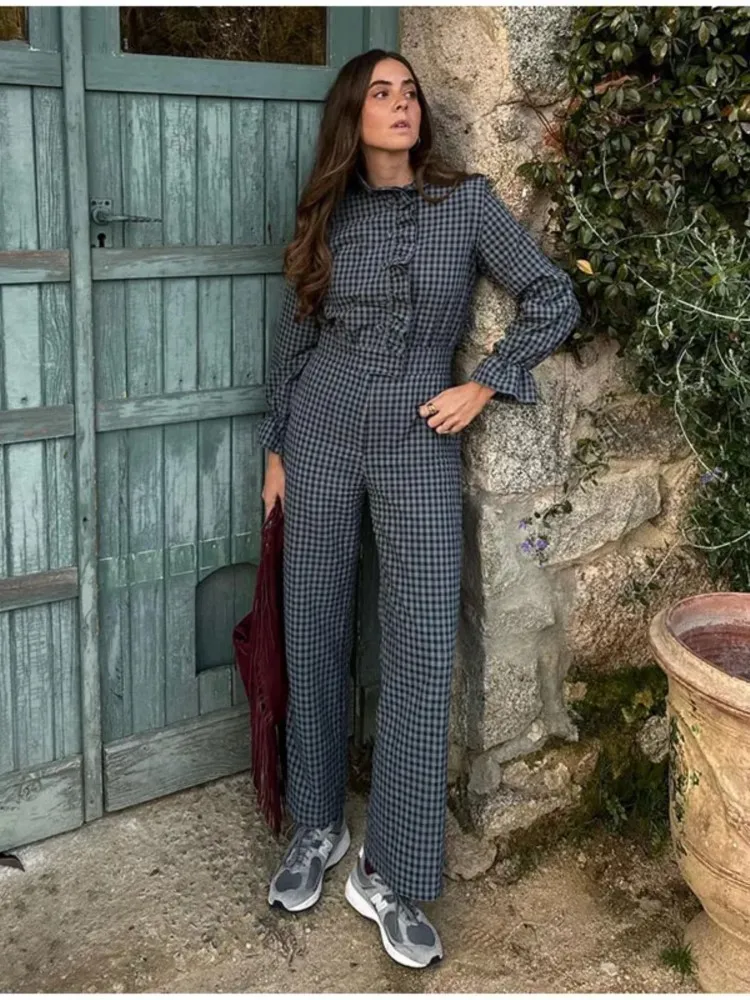 

Ruffled Plaid Jumpsuit Women Fashion Causal O-Neck Long Sleeves Buttons Jumpsuits Female Chic High Waist Streetwear 2024 New