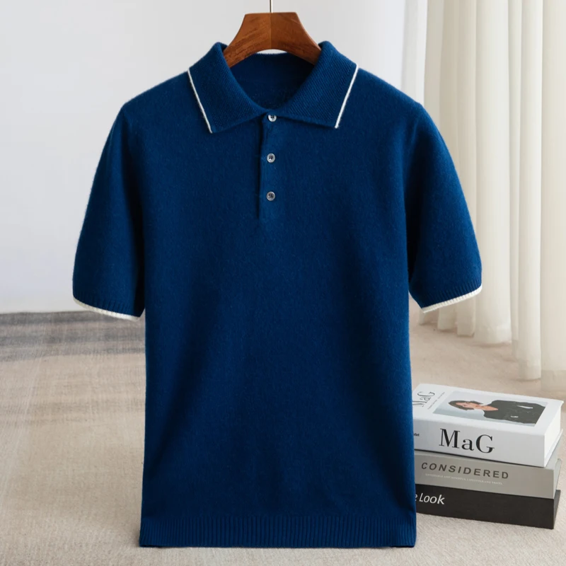 100% Merino wool men's lapel short sleeved sweater T-shirt new knitted casual business men's pullover sweater wool T-shirt summe 2