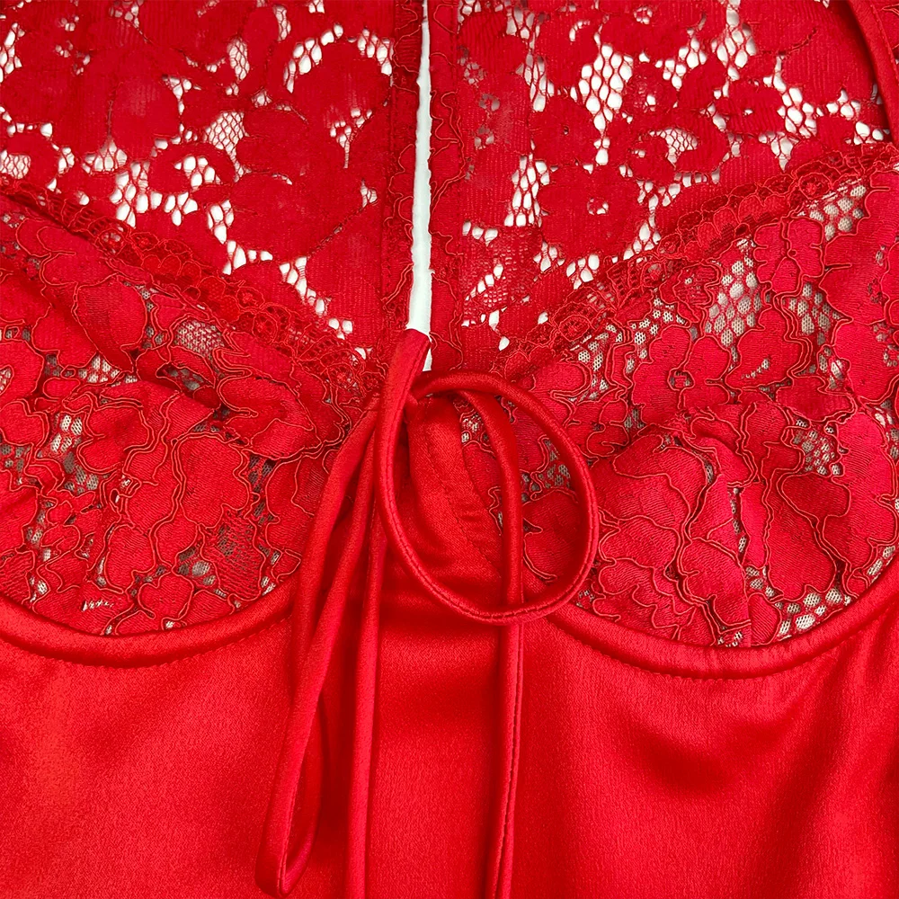 

Hollow Lace Long Sleeve Dress Women 23 Summer New Tie Wrap Sexy Red Short Dresses
