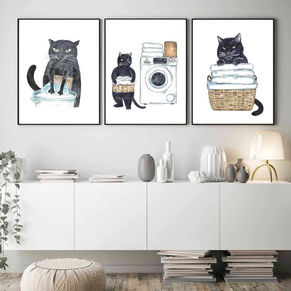 

Black Cat Laundry Painting Wall Poster Watercolor Art Decor Print Pet Drawing Bathroom Canvas Funny Tub Bath Washroom Pictures