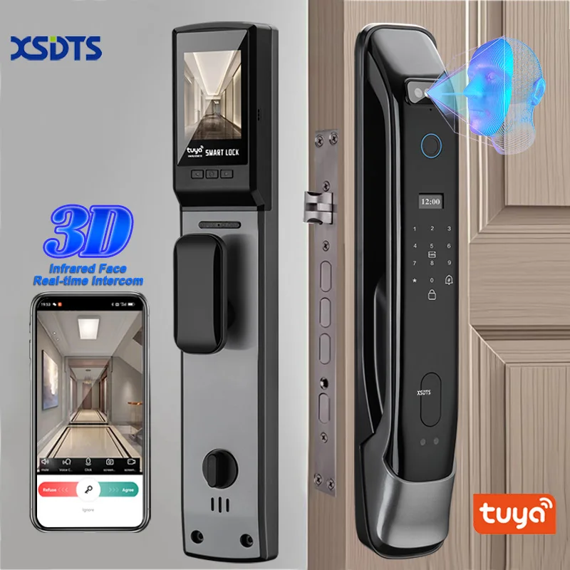 CerraduradepuertaDigitalconreconocimientofacial,intercomunicadorentiempoReal3Dconcámara,huelladactilar,contraseña,desbloqueo,cerraduraelectrónicasinllave-AliExpress30