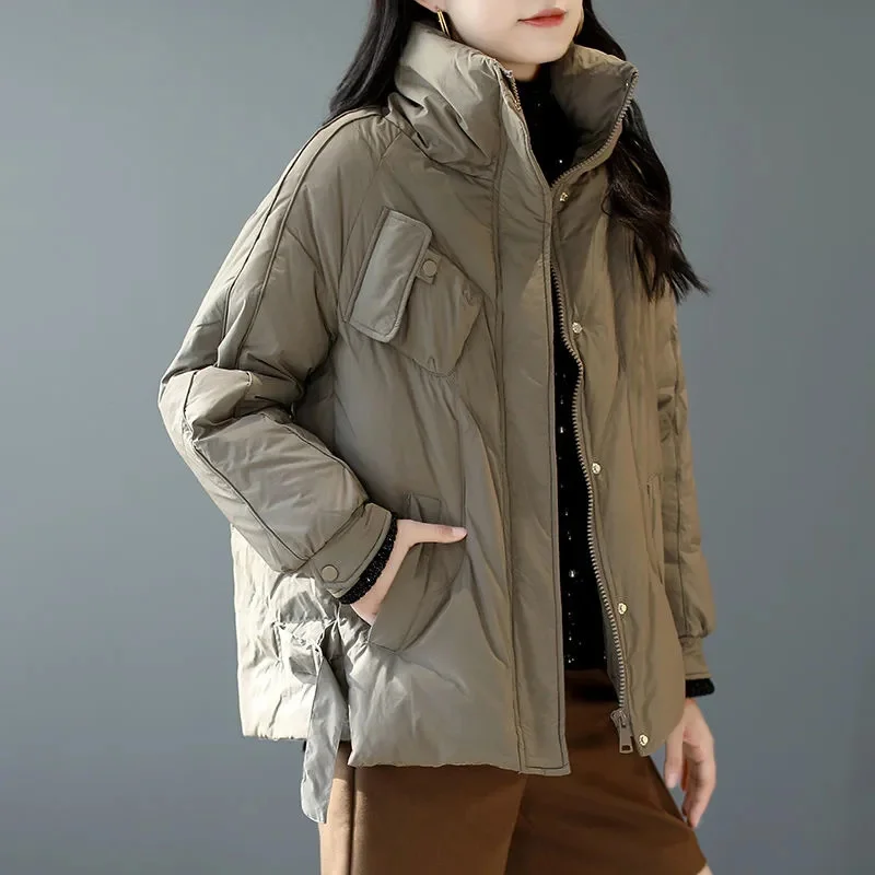 Stand-up Collar Stitching Warm Long-sleeved Cotton Coat Ladies 2022 Winter New Korean Version Loose and Fashionable Cotton Coat
