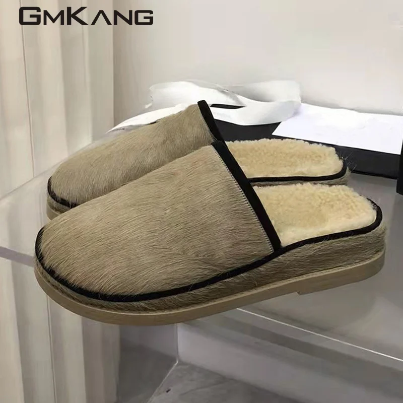 Pony wool slippers Women's metal buckle flat shoes Women's round head leisure mule winter wool slippers Walking casual shoes Men