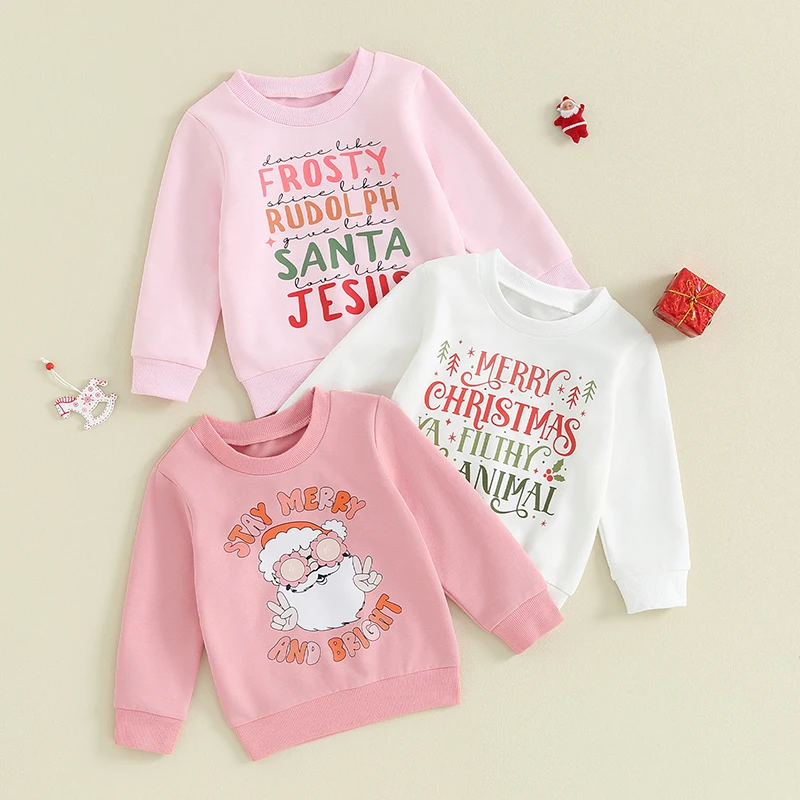 

2023-08-17 Lioraitiin 6M-4Y Kids Baby Girls Christmas Sweatshirts Letter/Santa Print Long Sleeve Pullover Sweater Tops Clothes