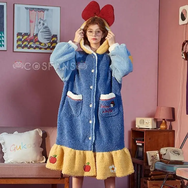Adult Snow White Princess Kigurumi Pajama Set Winter Lady Cosplaly Nightgown Home Suit Hooded Cartoon Nightdress Pijama