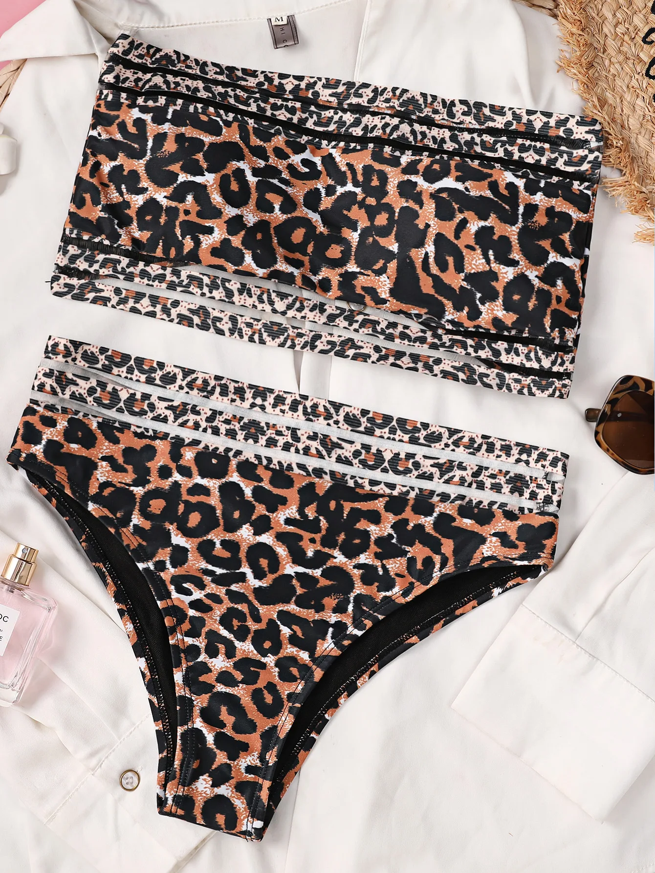 Bandeau Swimsuit 2 Piece Sets Womens Sexy Leopard Swimwear Cut Out Thong High Waist Bikini Set Conjunto Biquinis Feminino triangle bikini set