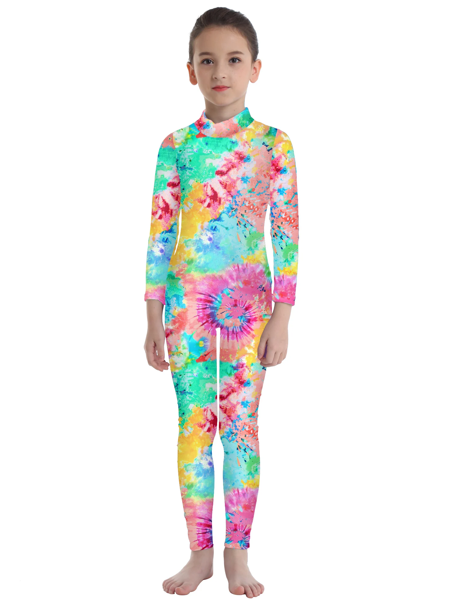 Kids Girls Tie Dye Printed Long Sleeve Criss Cross Back Bodysuit Jumpsuit Unitard for Ballet Dance Gymnastics Traini