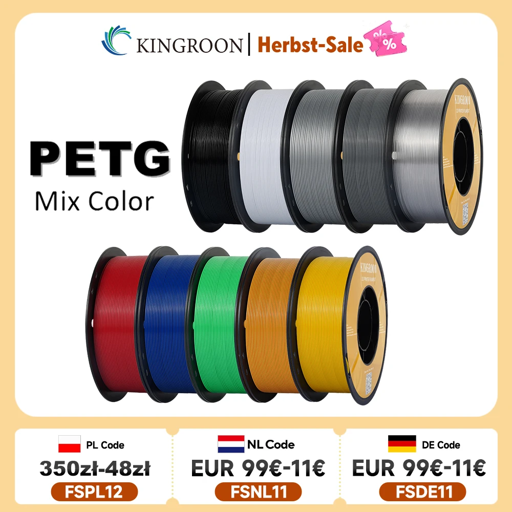 KINGROON PETG 3D-Drucker-Filament 1,75 mm 5 kg 10 kg Mixfarbe 3D-Druckmaterial 1 kg/Rolle Petg Kunststoff für FDM-3D-Drucker