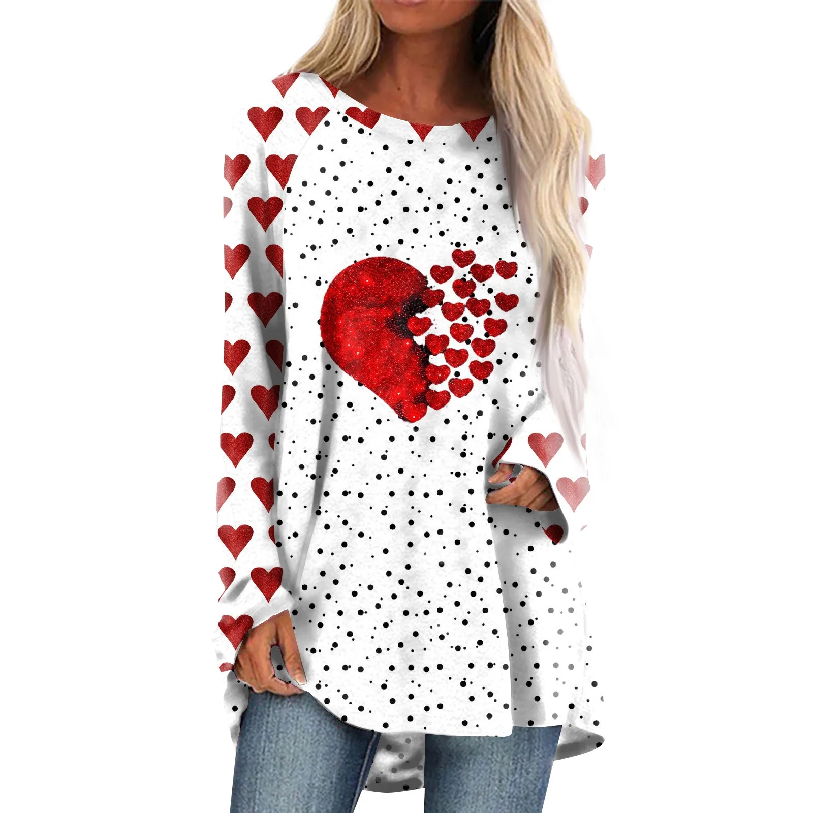 

Women's Casual Fashion Valentine's Day Print Long Sleeve Medium Length Top Blouse vestidos para mujer elegantes y bonitos