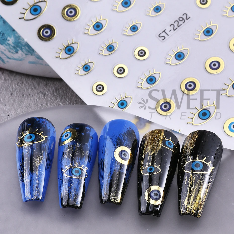 2pcs Blue Gold Evil Eyes Nail Art Stickers 3D Metal Snake Sun Star Line Sliders Design Halloween Nail Decals Manicure Decoration