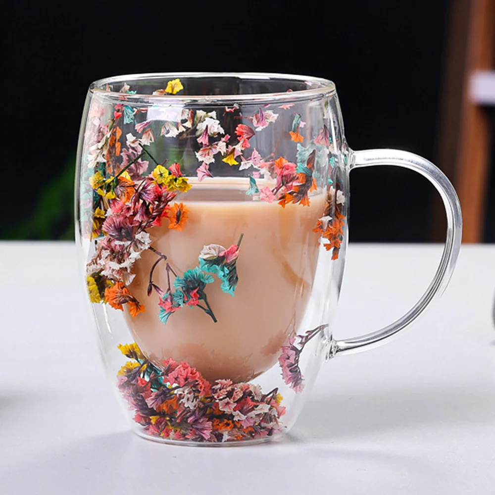

Creative Coffee Mugs Double Wall Glass Mug Cup with Dry Flower Sea Snail Conchs Glitters Fillings for Coffee Juice Milk Cup Gift