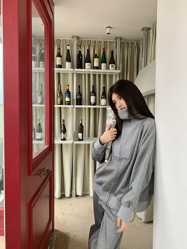 Y2K Casual Two-piece Set Solid Tracksuit Stand Collar Long Sleeve Zip-up Sweatshirt Long Pants Korean Fashion Autumn New Outfits