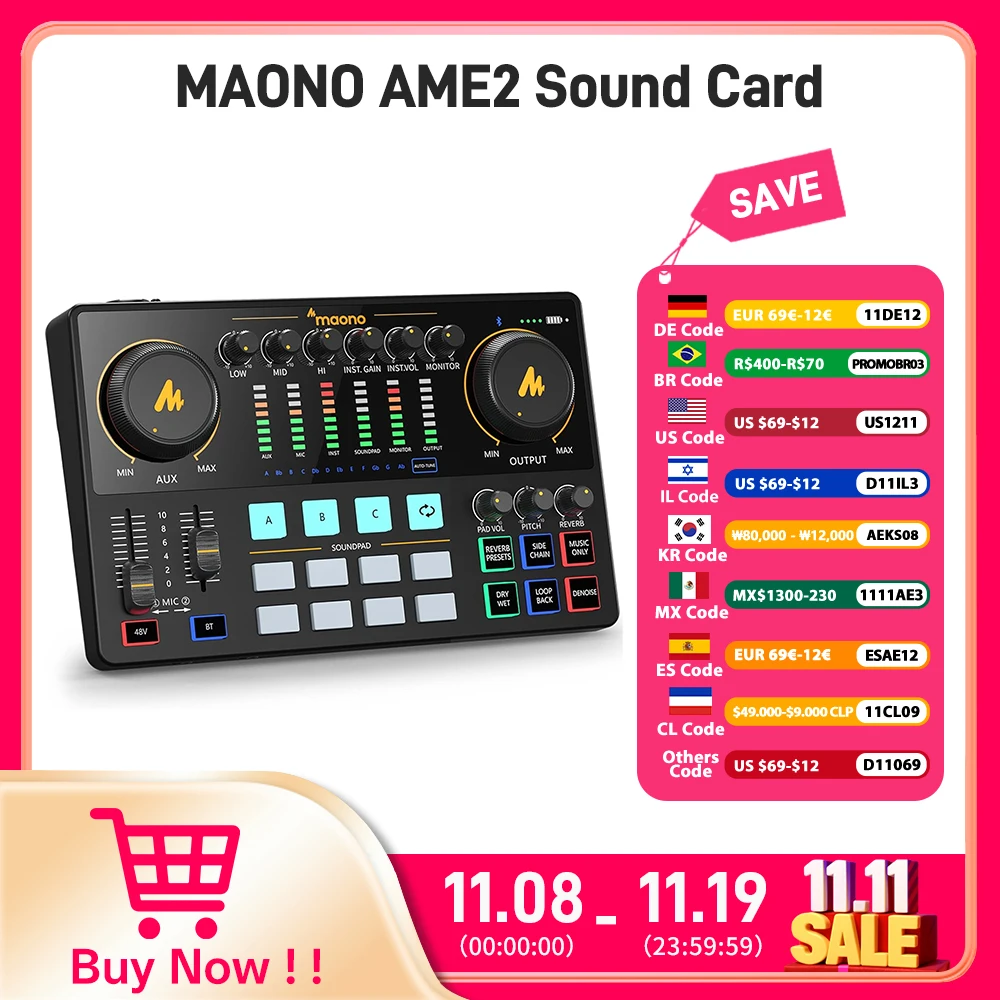 Maono AME2 オーディオインターフェイスサウンドカード DJ ミキサー