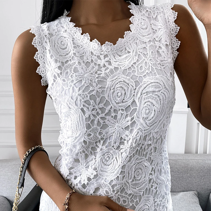 Vintage Lace Jacquard T-shirt Women Summer Sleeveless Solid Color Vest Top Ladies Casual O-neck Camisole Tank Shirts Plus Size - T-shirts - AliExpress