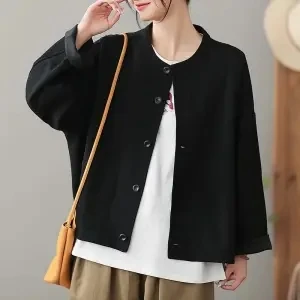 여성용 용수철 짧은 재킷, 작업복 가디건, 라운드 칼라 상의, 라지 사이즈 면 캐주얼 겉옷, 부드러운 주머니, 가을