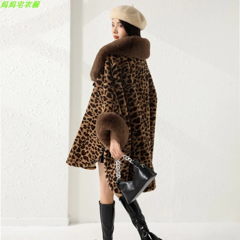 Autumn Winter Large Loose Leopard Fur Coat Neck Cape Women\'s Woolen Plus Fleece Thick Bat Style Cashmere Cape Free Shipping
