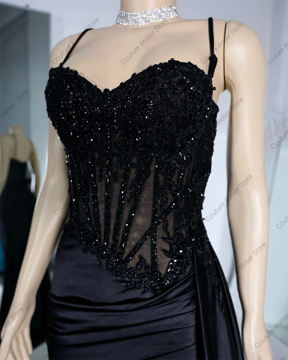Amazed Black Spaghetti High Split Mermaid Elegant Satin Arabic Customized Prom Dresses For Blackgirls Wedding Party Formal Gowns